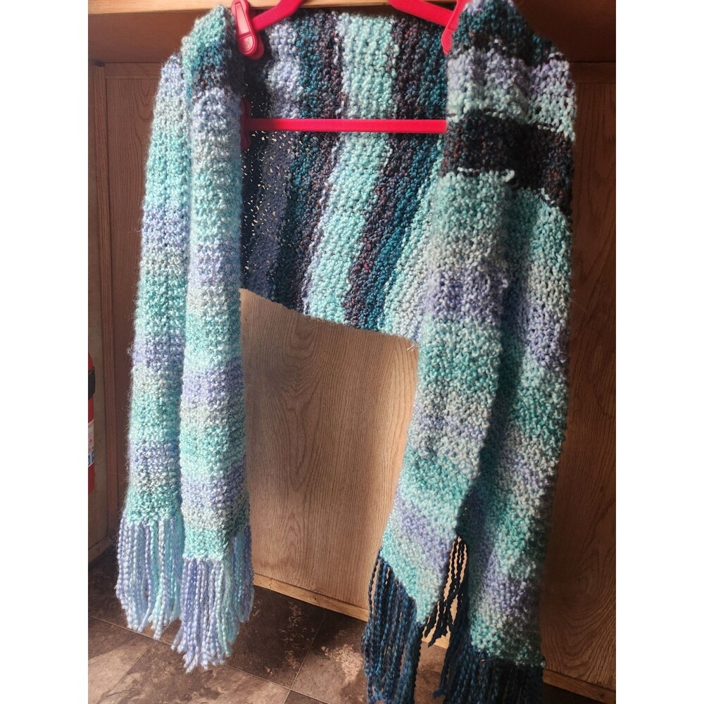 Soft Wide Handmade Scarf Crochet ~18x64 In. Multicolor Blue Stripes W/ Fringe - Picture 2 of 16